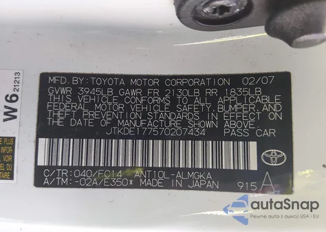 2007 Scion Tc z USA, uszkodzony, nr VIN JTKDE177570207434